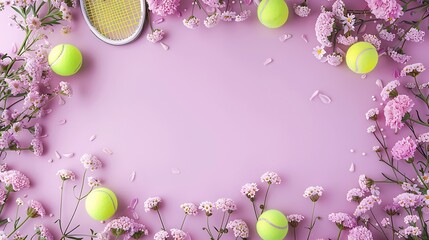 Tennis ball and pretty flowers, copy purple banner background with space,テニスボールと可愛い花、コピー スペースのある紫のバナーの背景,Generative AI