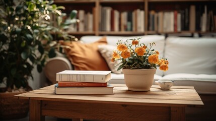 A beautiful living room with a coffee table, books, a potted plant, and a sofa - obrazy, fototapety, plakaty