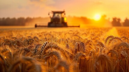 Fototapeta premium Golden wheat field with tractor harvesting in the distance during sunset