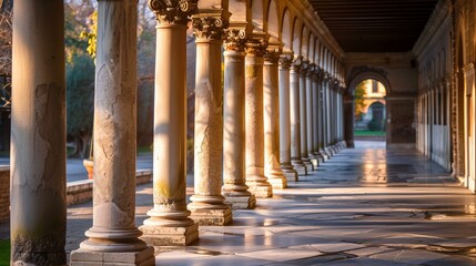 Fototapeta premium Columns, architectural structure with long corridor that has row of columns on side, gray, brown