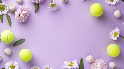 Tennis ball and pretty flowers, copy purple banner background with space,テニスボールと可愛い花、コピー スペースのある紫のバナーの背景,Generative AI