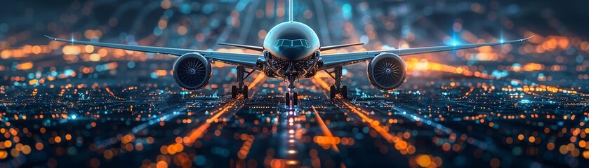 An airplane merging with a dynamic microchip design, symbolizing the integration of advanced technology in aviation for enhanced efficiency 8K , high-resolution, ultra HD,up32K HD