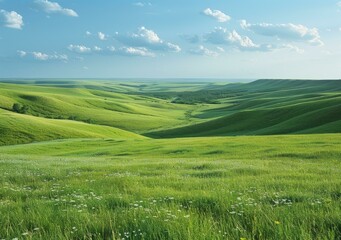 Naklejka premium Green rolling hills under blue sky