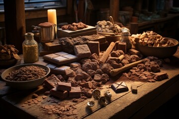 A wooden table covered in chocolate