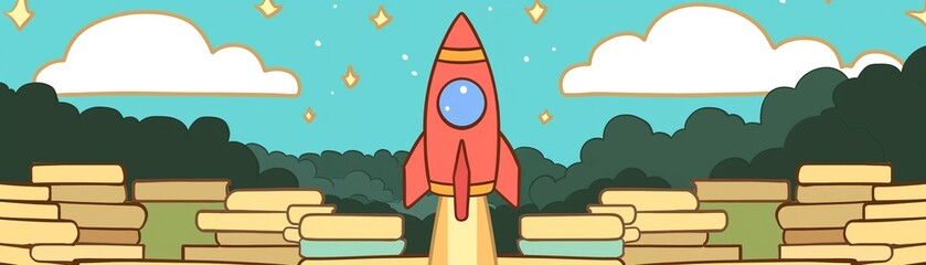Educations journey visualized as a red rocket blasting off from a sea of books, symbolizing the launch into knowledge and discovery