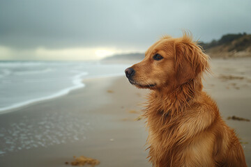 Obraz premium Happy golden retriever on the beach
