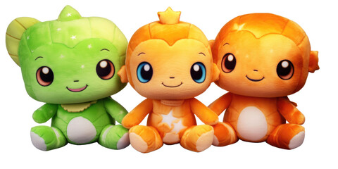 Naklejka premium set of 3 stuffed friendly cute alien , turtle and star plushie stuffed soft playtime toys isolated on a transparent background