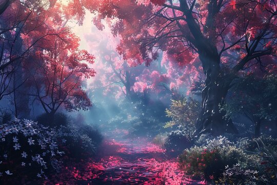 fantasy landscape with pink trees and flowers