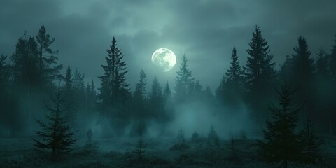 Full moon rising over a dark forest