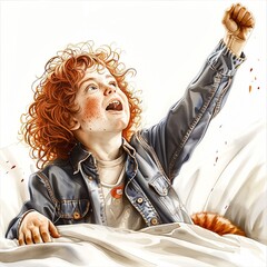 A red-haired boy, lying in bed with his red cat, rejoices and screams enthusiastically