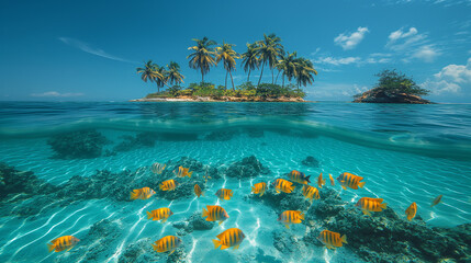 Underwater marine life with colorful fishes and tropical island above the water. Vacation and travel concept.