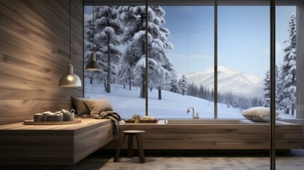 Minimalist wooden house interior with large windows and bathtub