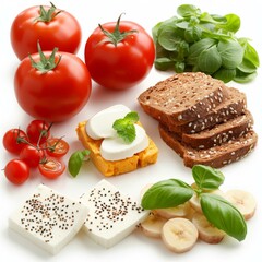 Various types of bread and cheese with tomatoes, basil and banana slices