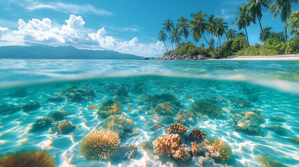 Underwater marine life with colorful fishes and tropical island above the water. Vacation and travel concept.