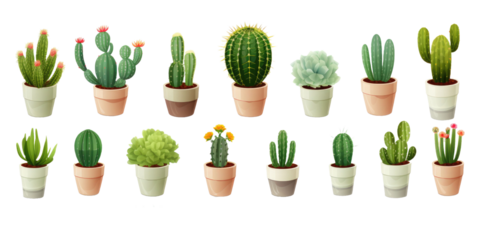 collection of different mixed cactus and succulents types of small mini plant in modern ceramic nordic vase pot as furniture cutouts isolated on a transparent background