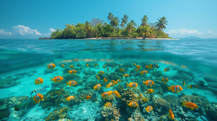 Underwater marine life with colorful fishes and tropical island above the water. Vacation and...