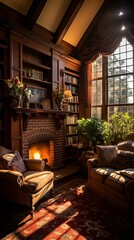 A cozy living room with a fireplace and a large window
