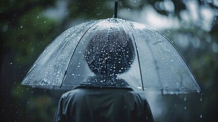 A person holding a clear umbrella under the rain, creating a serene and romantic atmosphere.