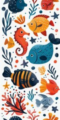 Naklejka premium Underwater creatures and plants seamless pattern