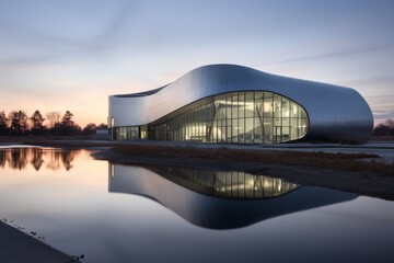 Sunset Over a Contemporary Water Treatment Facility Highlighting its Unique Architectural Design