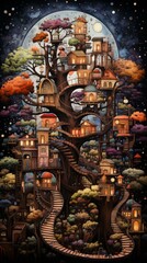 Whimsical Tree Village Nestled in a Magical Forest