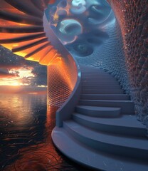 Futuristic Staircase with Sunset and Ocean View