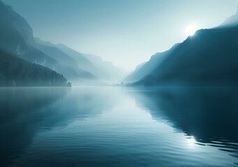 Mountains and lake in the morning mist