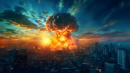 Devastation in city as mushroom cloud rises from atomic bomb detonation during nuclear war. Concept War, Destruction, Nuclear Weapons, Tragedy, Survival