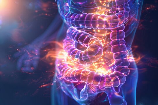 Visual representation in Xray style of vitamin C being absorbed, with energy bursts showing cellular uptake in the intestine
