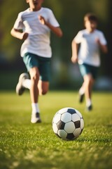 Fototapeta premium Two boys are running after a soccer ball on a field