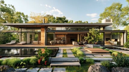 Fototapeta premium Modern House Exterior With Pool And Garden