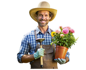 Gardener with shovel and flower pot in hand-