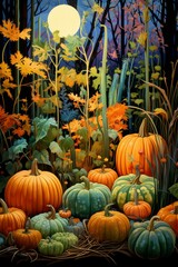An illustration of pumpkins in a forest at night
