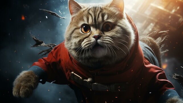 A cute cat wearing a red and blue superhero costume is flying through a dark and stormy sky.