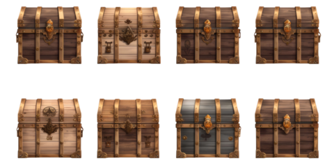  mediaeval opened unlocked and closed locked treasure antique vintage chest with gothic or middle ages pirate crate engravement, old wooden game asset isolated on a transparent background