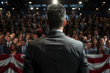 Back view of a politician addressing a crowd of supporters on election day, with Vote flags waving in the background US presidential election campaign concept