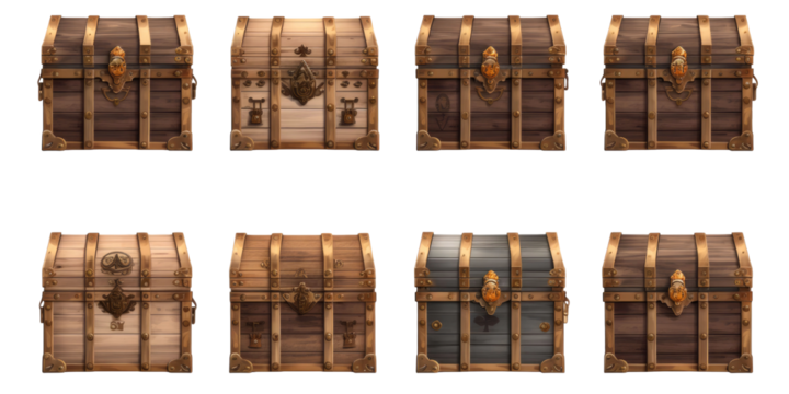  mediaeval opened unlocked and closed locked treasure antique vintage chest with gothic or middle ages pirate crate engravement, old wooden game asset isolated on a transparent background