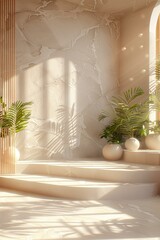 3D rendering of a sunlit room with plants