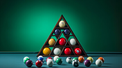 Plastic triangle rack with billiard balls and cue o