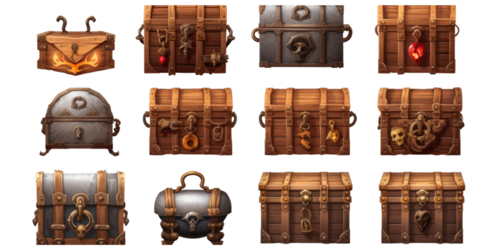  mediaeval opened unlocked and closed locked treasure antique vintage chest with gothic or middle ages pirate crate engravement, old wooden game asset isolated on a transparent background