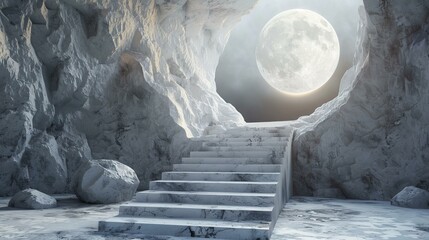Mystical Cave Entrance With Stairs And Glowing Moon - obrazy, fototapety, plakaty