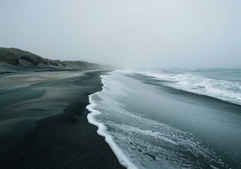 Black sand beach with dark moody sky