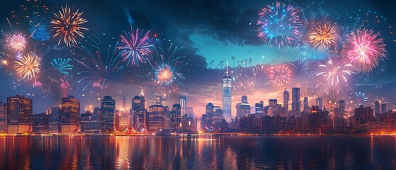 Illustration of fireworks bursting over the New York City skyline, creating a festive atmosphere for Independence Day 8K , high-resolution, ultra HD,up32K HD