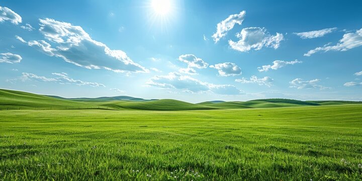 Vast green grassland under blue sky and white clouds