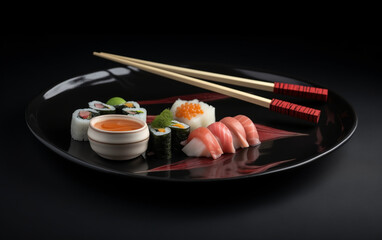 Elegant Sushi Set on Black Reflective Plate, Traditional Japanese Cuisine, AI Generation