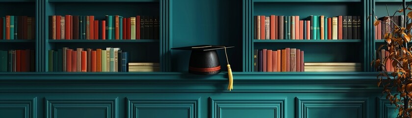 A bookshelf with a graduation cap on top, representing the culmination of education and academic achievement 8K , high-resolution, ultra HD,up32K HD