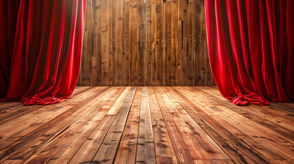 A wooden floor with red curtains and wood.