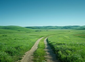 dirt road through a lush green grassy field
