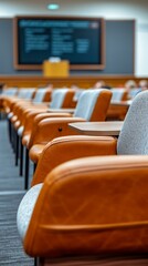 Empty Lecture Hall With Brown Leather And Gray Fabric Chairs