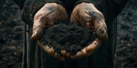 Close-up of a farmer's hands holding a handful of rich, dark soil